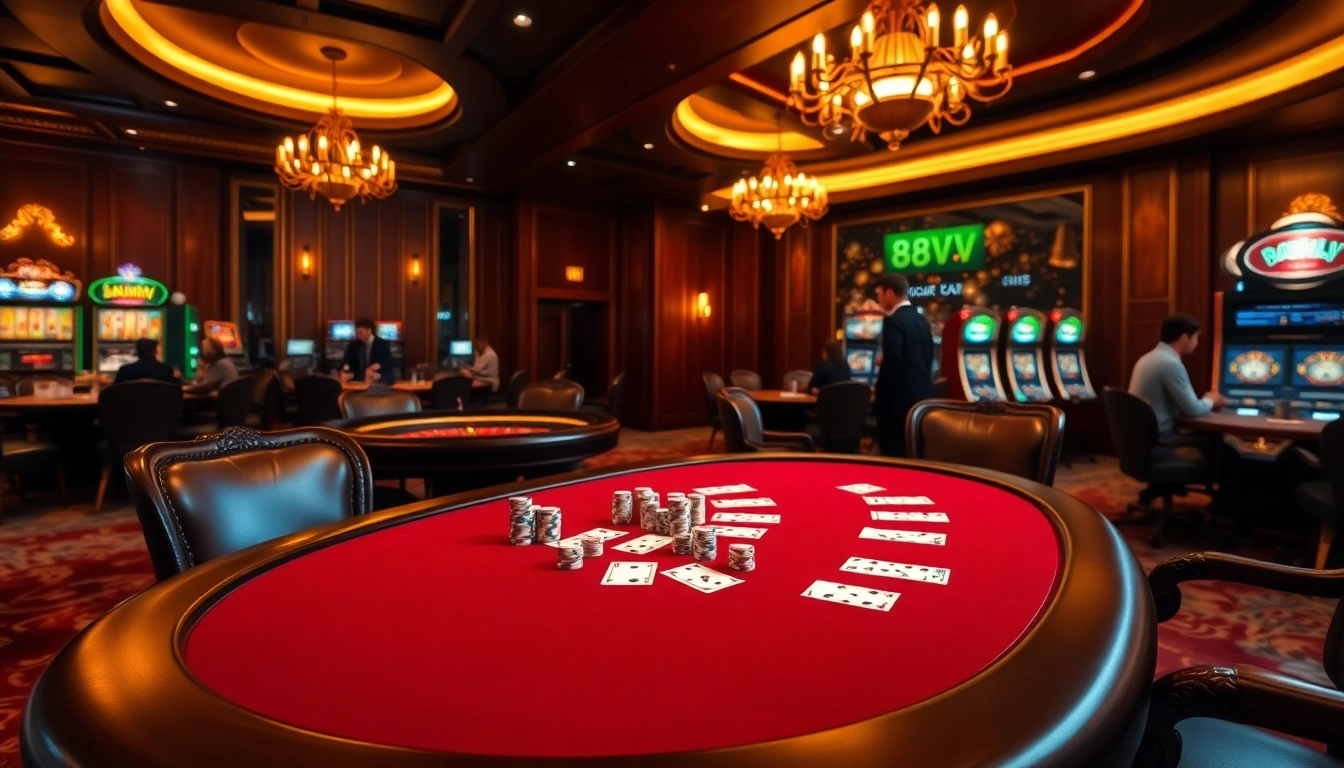 Exciting poker game setup at 88VV casino featuring high-stakes chips and cards.