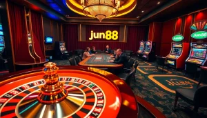 Experience thrill at Jun88 casino tables with roulette, poker action, and vibrant slot machines.