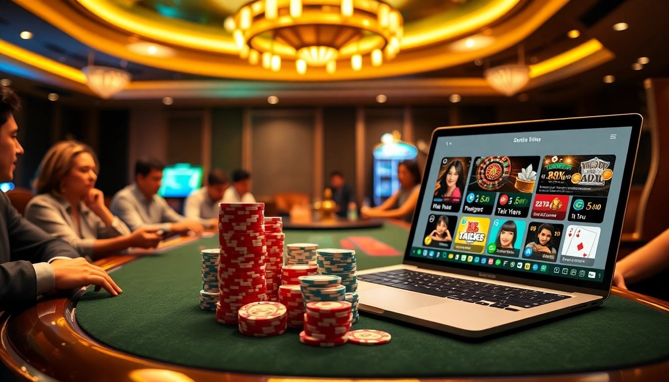 Engage in thrilling games at https://b52pm.com/ featuring poker chips and an illuminated casino atmosphere.
