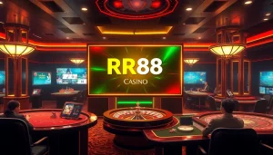 Experience the excitement of RR88 with a modern casino scene showcasing gaming tables, poker chips, and roulette.