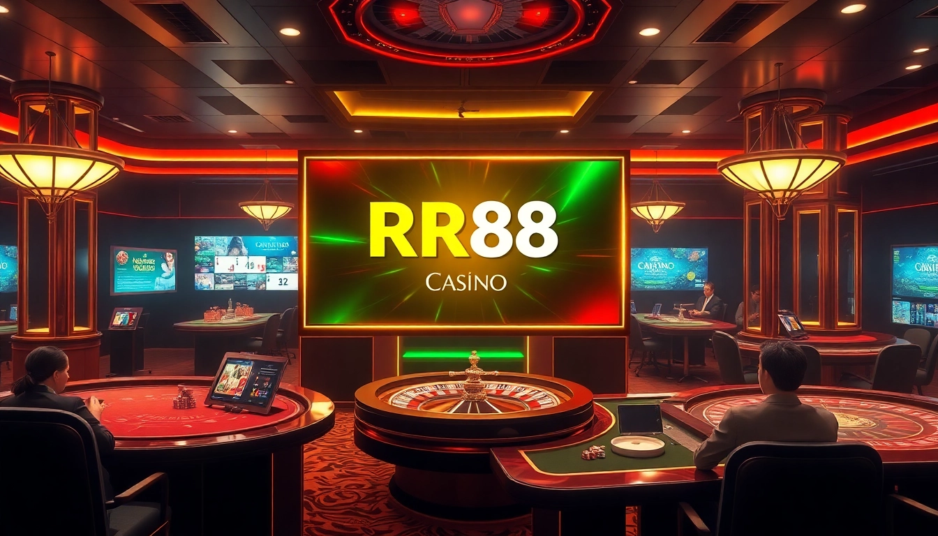Experience the excitement of RR88 with a modern casino scene showcasing gaming tables, poker chips, and roulette.