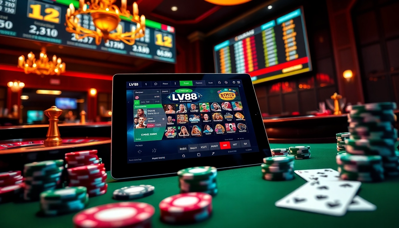Experience high-stakes gaming at LV88 with vibrant casino visuals and exciting betting action.