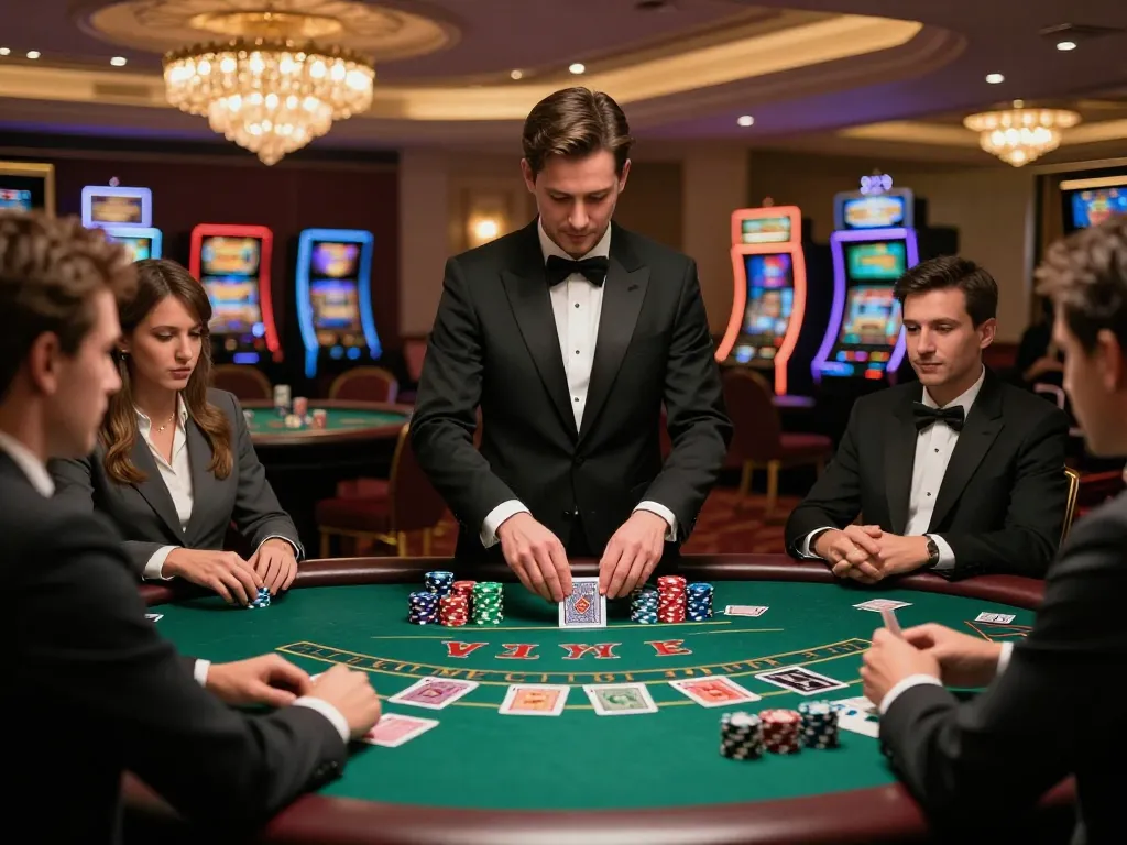 Players strategizing in a B52 blackjack game at an upscale casino with vibrant dealer action.
