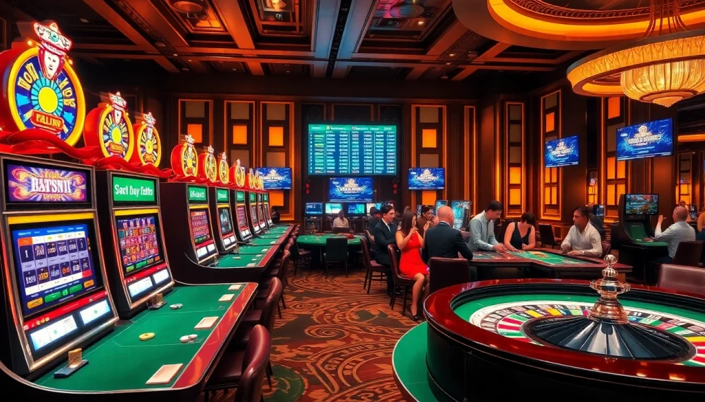 Engaging gambling scene featuring players at https://789win.associates/ with vibrant slots and poker tables.