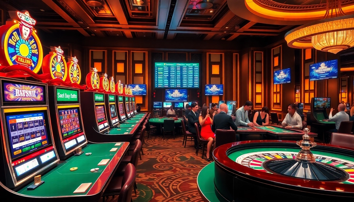 Engaging gambling scene featuring players at https://789win.associates/ with vibrant slots and poker tables.
