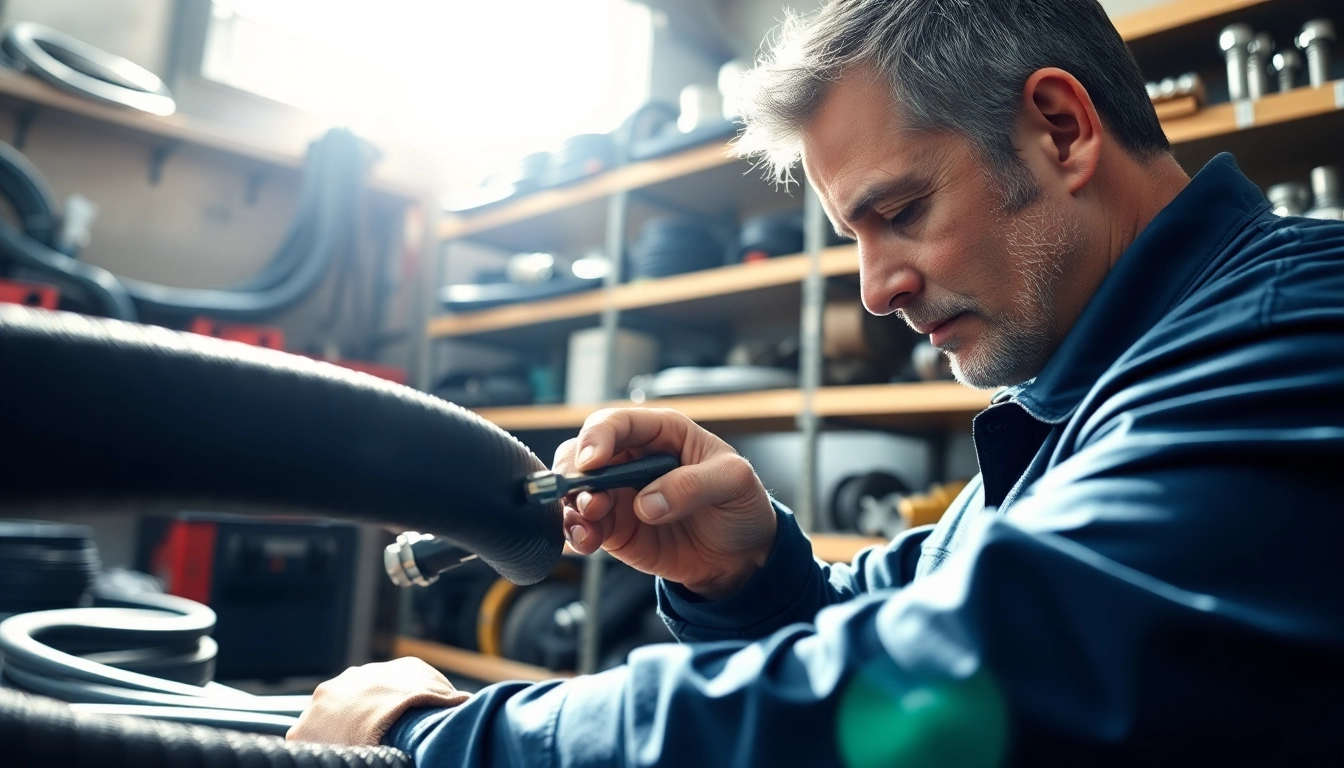 Hydraulic hose repair technician expertly inspecting a hose assembly in a bright workshop.