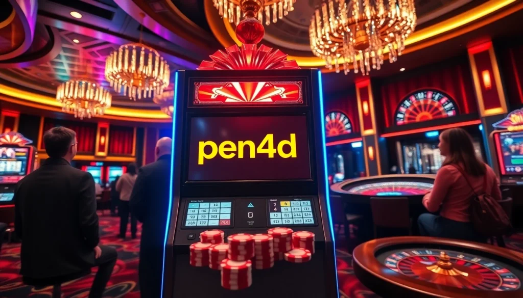 Players enjoying the excitement of pen4d slot machines in a vibrant casino atmosphere.