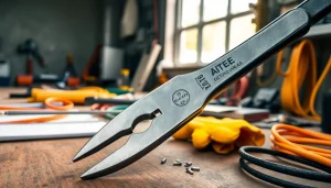 Detaillierte Ansicht einer Tenaza zum Schneiden von Draht auf einer Werkbank, die Werkzeuge und Materialien für DIY-Projekte zeigt.