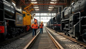 Expert railroad maintenance crew assessing tracks with precision in a rail yard.
