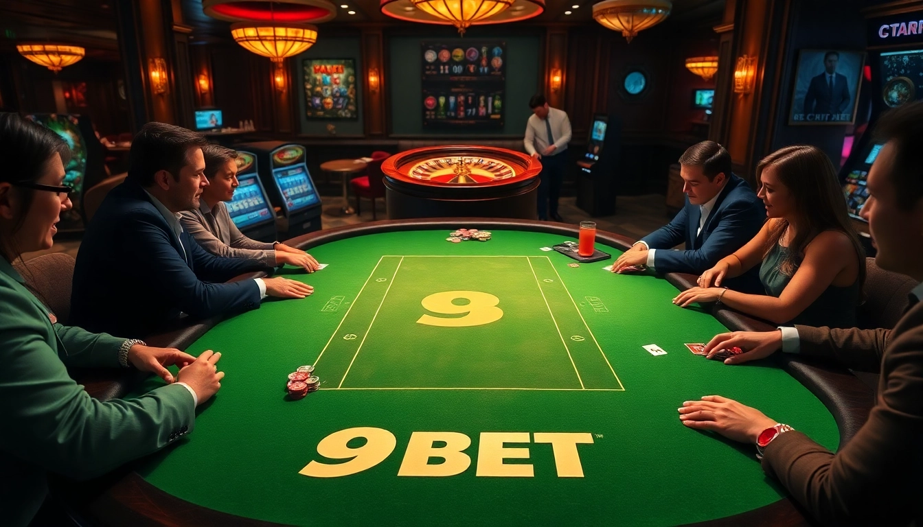 A dynamic poker game at a 9BET branded casino table with colorful chips and cards.
