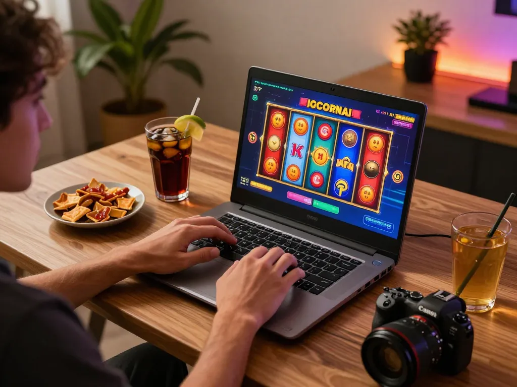 Player engaged in slot gacor gameplay on laptop in cozy home setting, showcasing colorful reels and winning moments.