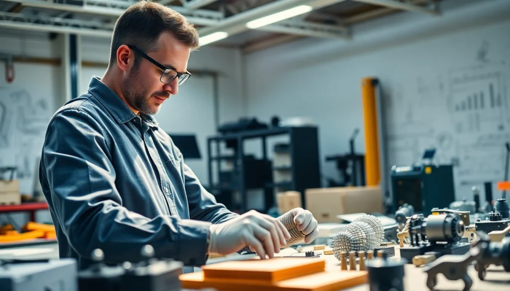Engineer examining engineered composites in a high-tech lab setting.