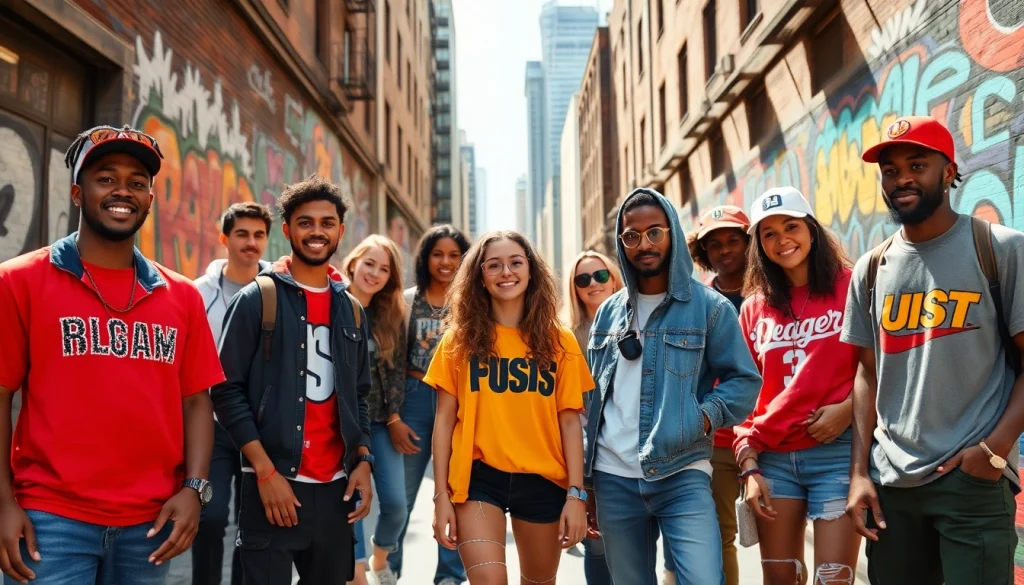 Dynamic urban scene featuring diverse individuals in popular streetwear clothing brands.
