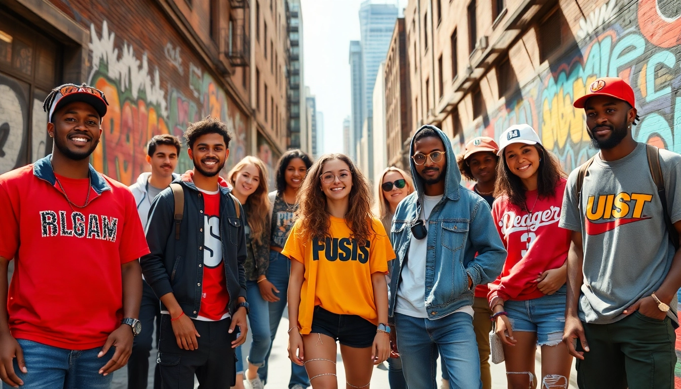 Dynamic urban scene featuring diverse individuals in popular streetwear clothing brands.