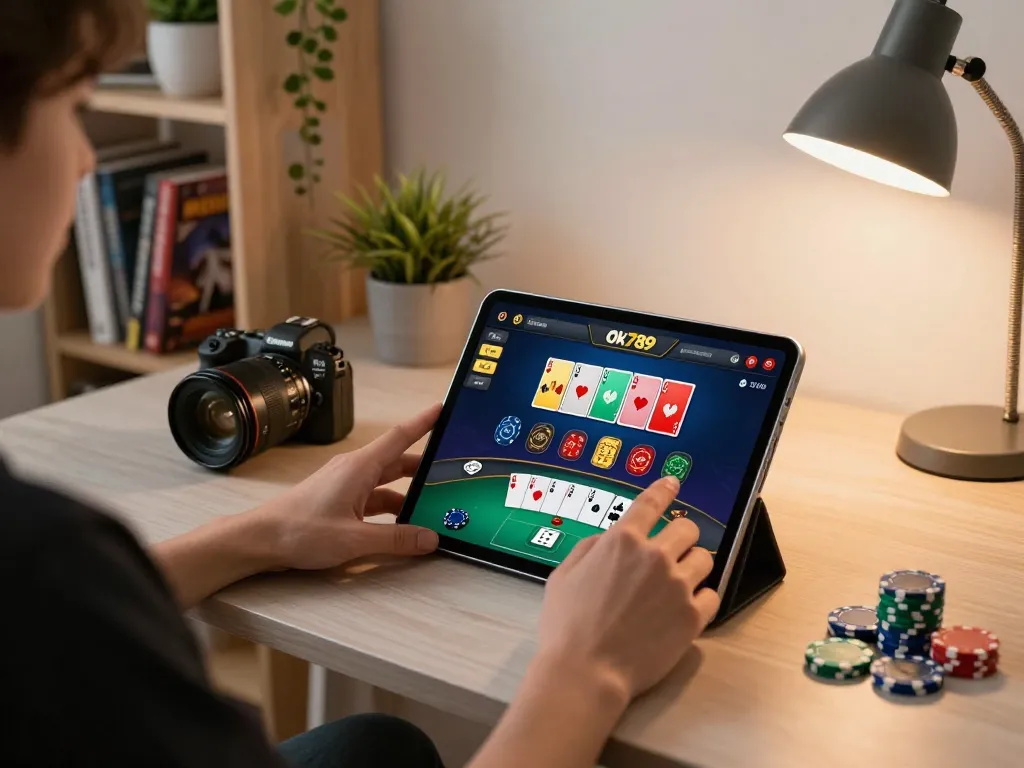 Player engaging on Ok789 casino app on tablet, showcasing poker gameplay in cozy home setup.