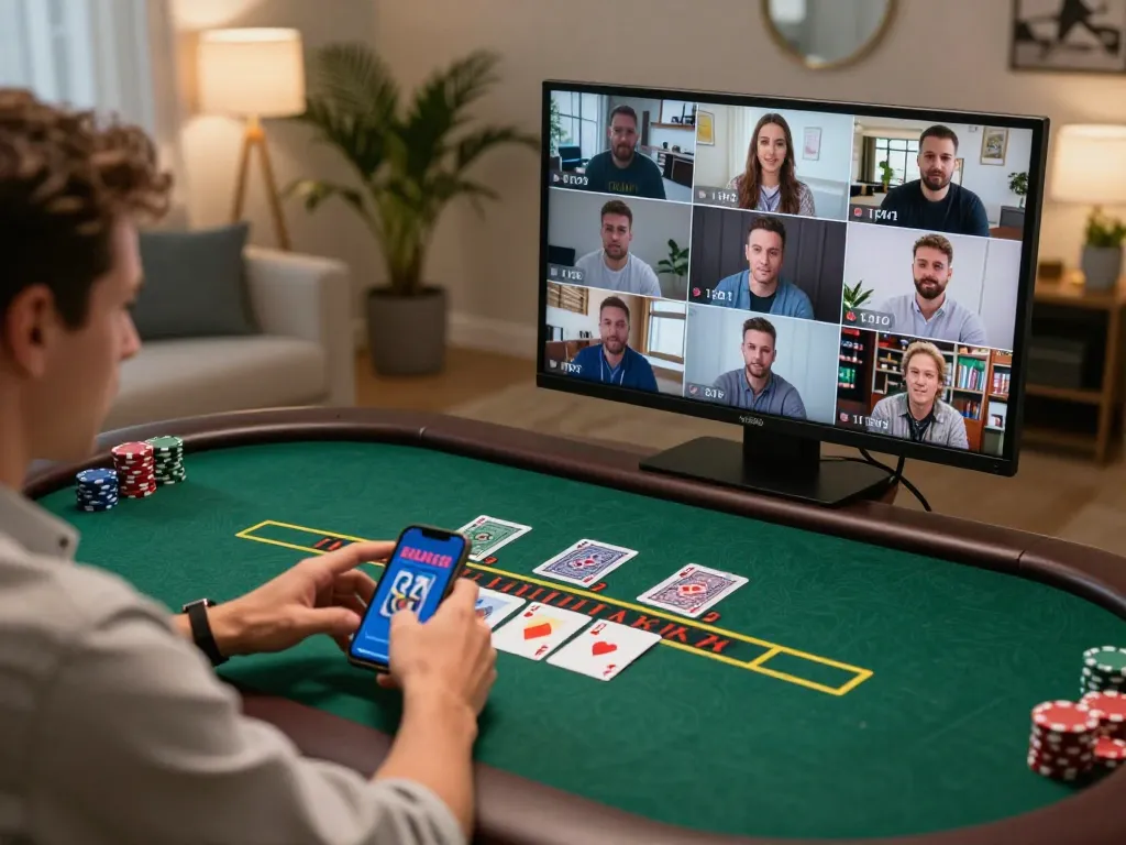 Player enjoying live dealer blackjack on LV88 with smartphone in a cozy home setting, showcasing the thrill of online gambling.