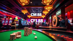 Gamblers enjoying games at CM 88 casino with vibrant tables and slot machines.