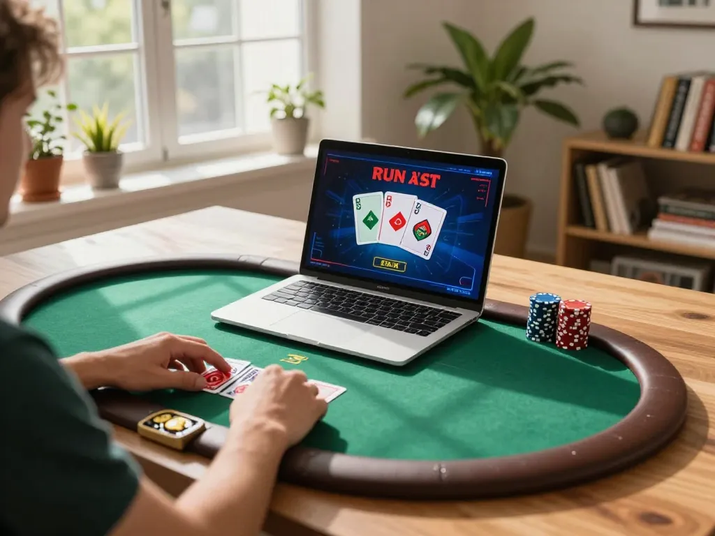 Engaging in poker at home, focusing on kp88, with dynamic gaming graphics and ambient room lighting.