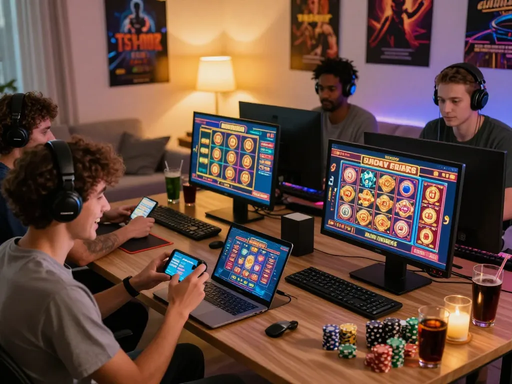 Players engaging with TG88 online casino games in a vibrant home setting, showcasing excitement and convenience.