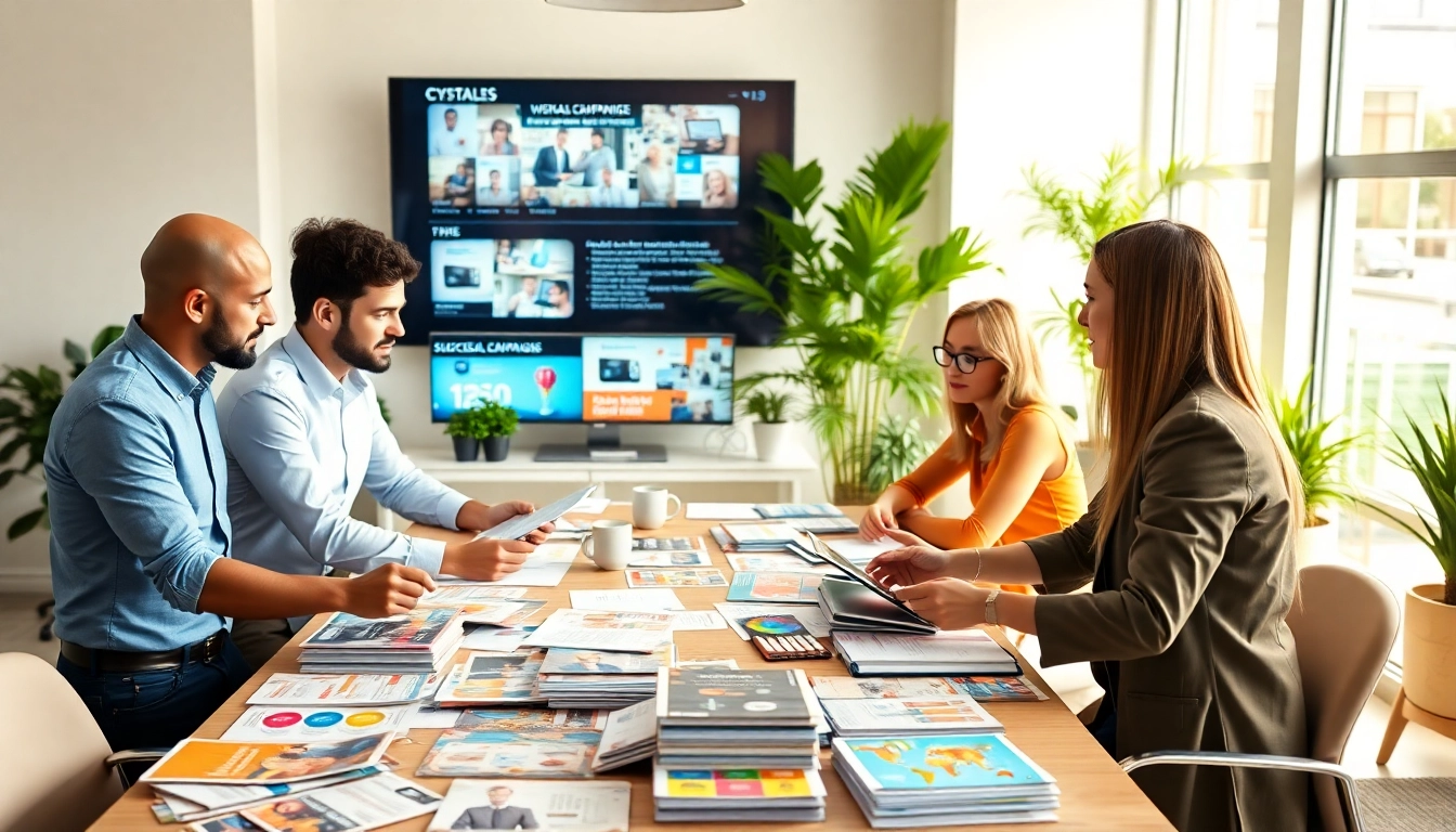 Direct mail company team strategizing with colorful materials in a bright office