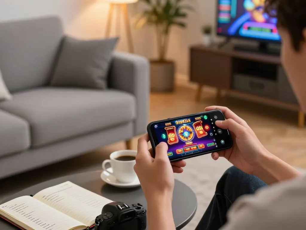 Engaging mobile gaming experience with 918Kiss app visible on smartphone in cozy home setup, highlighting responsible gaming at https://kiss918-ori.app.