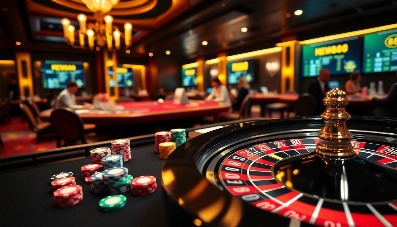 Betting excitement at https://new88.gold/ with vibrant poker chips and roulette wheel ambiance.