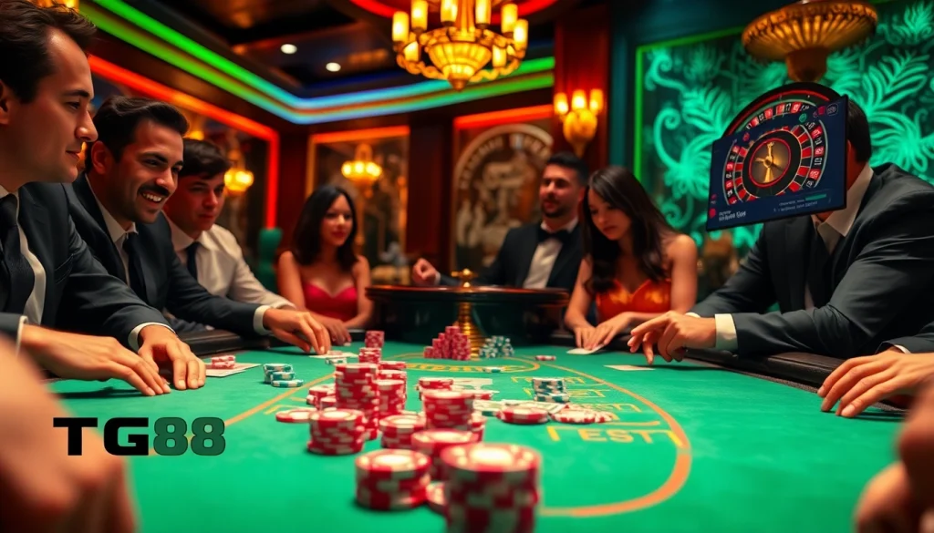 Experience thrilling poker action at TG88 casino with vibrant chips and focused players.