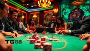 Experience thrilling poker action at TG88 casino with vibrant chips and focused players.