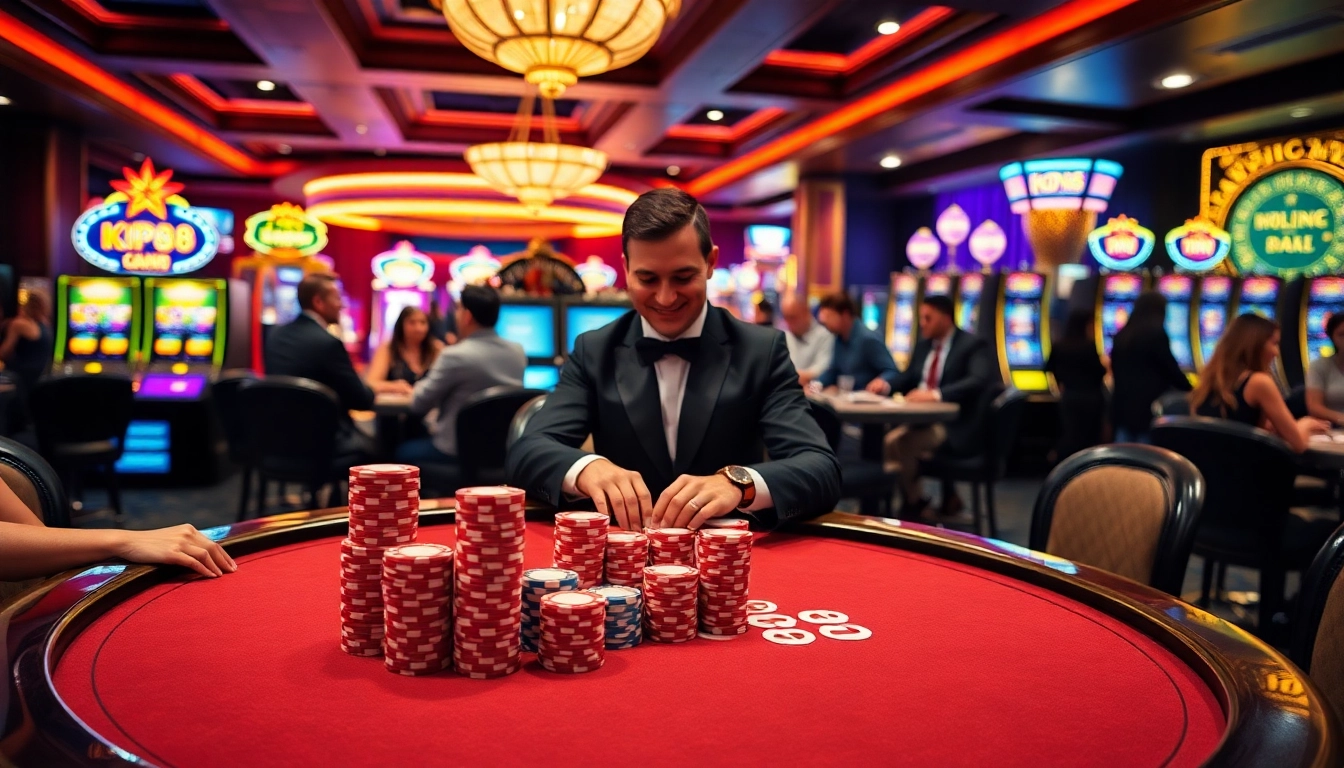 Exciting KP88 poker game in a luxurious casino setting with vibrant ambiance.