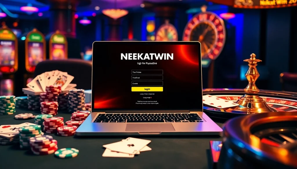 login nekatwin interface with poker chips and slot machine elements, exuding casino excitement