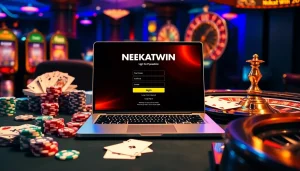 login nekatwin interface with poker chips and slot machine elements, exuding casino excitement