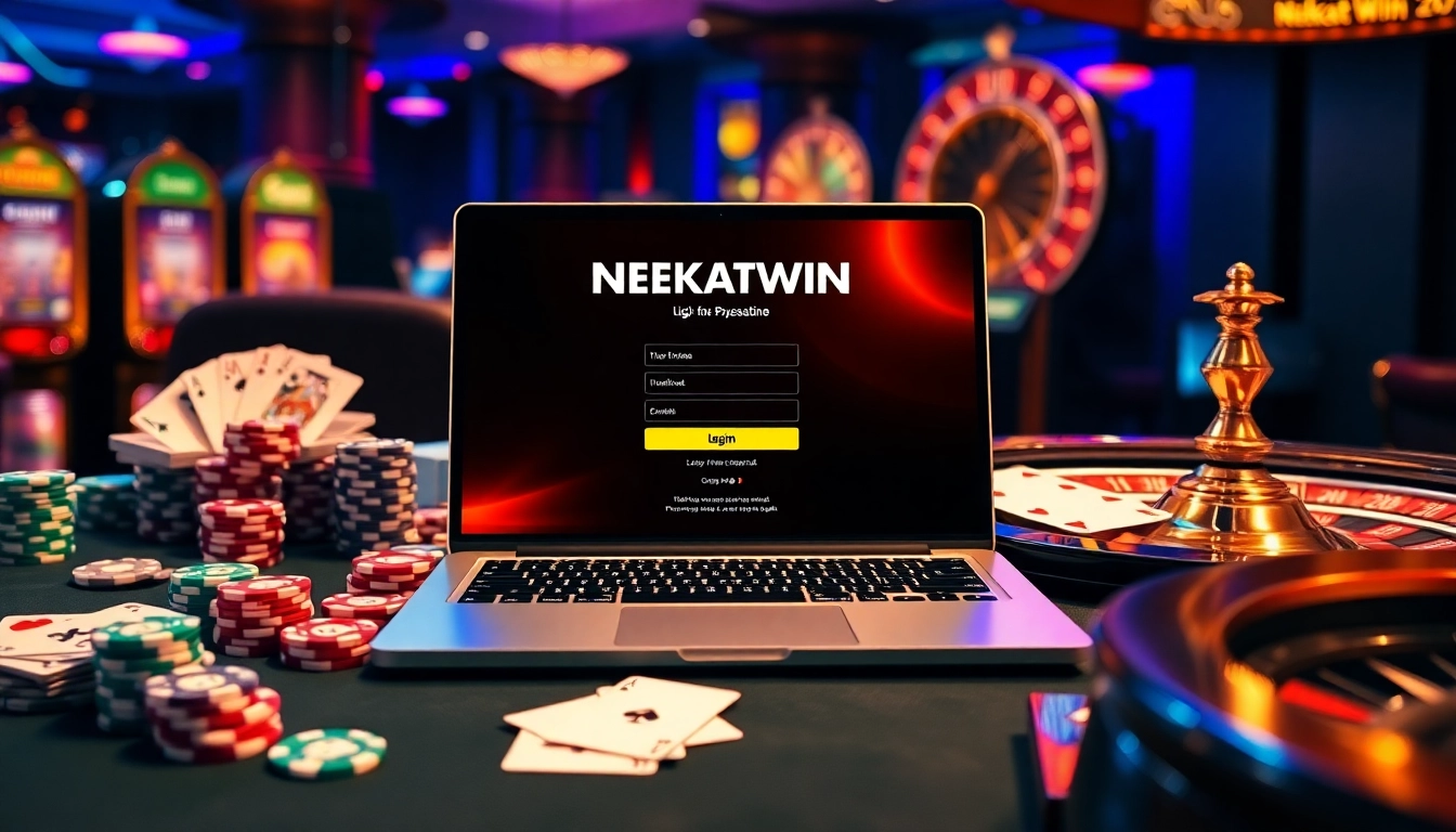 login nekatwin interface with poker chips and slot machine elements, exuding casino excitement