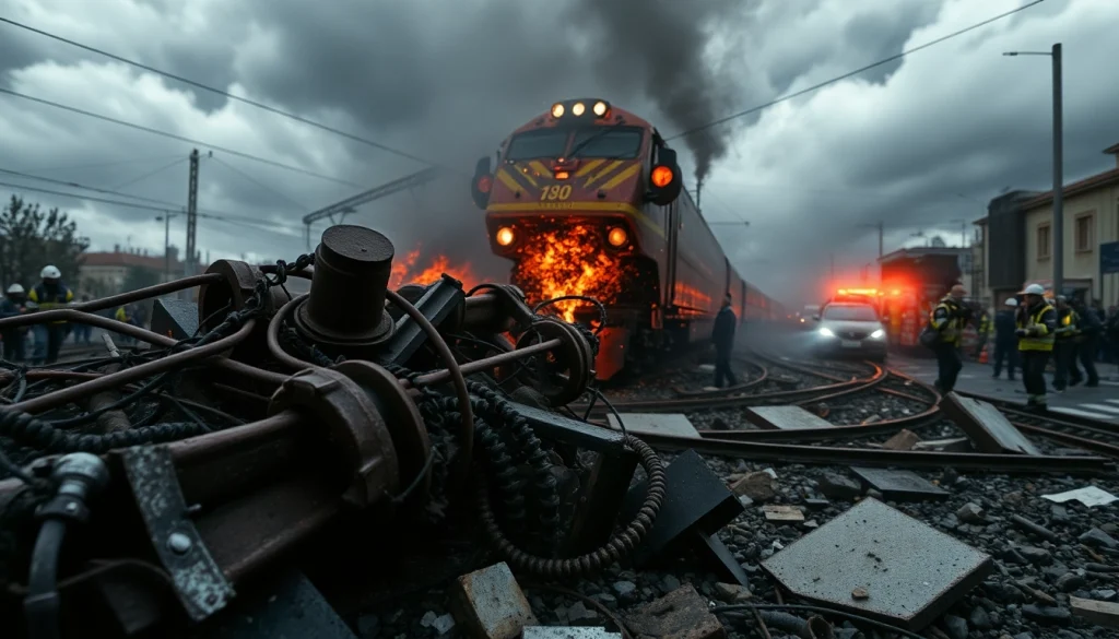 Spain train crash scene showing chaos and emergency responders amid the wreckage.