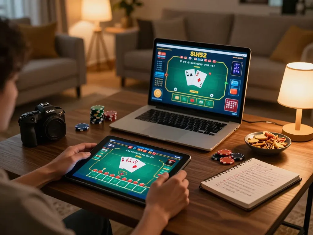 Person enjoying online poker at Sun52 on a tablet in a cozy home setting.