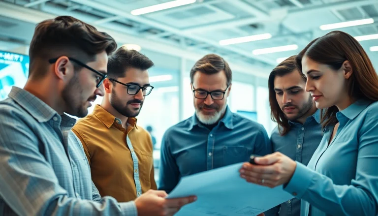 Engineers discussing engineering services with digital screens in a modern office environment.