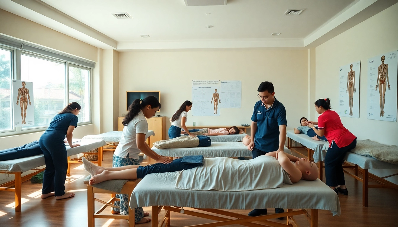 Students practicing deep tissue techniques at Chiang Mai Massage School amidst a professional learning environment.