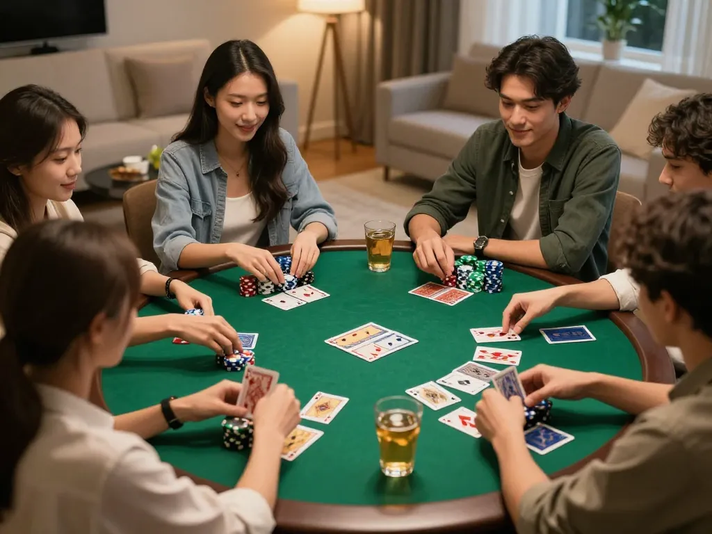 Friends playing poker at home, engaging gameplay and strategic decisions with 27G gaming night, cozy atmosphere.