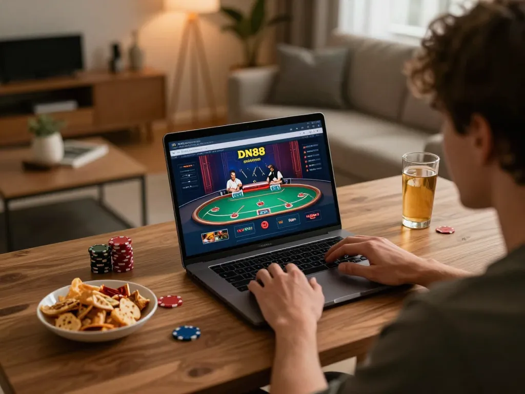Engaged user playing DN88 online casino game on laptop, cozy gaming setup.