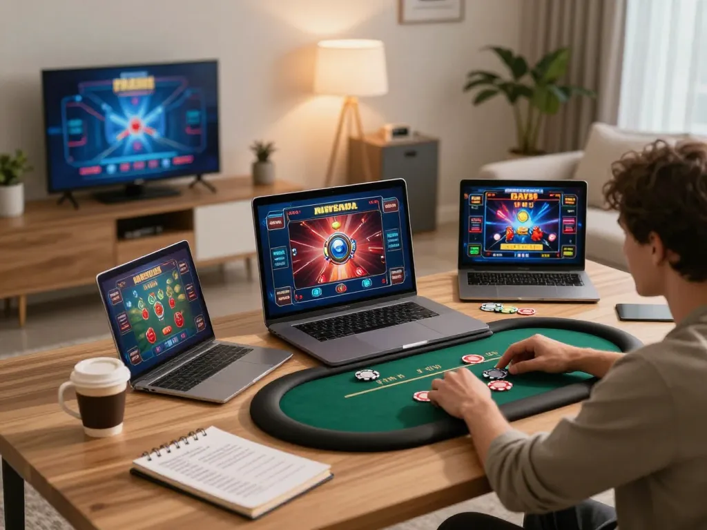 Engaging in poker at home with uu88 on a laptop showcasing online gaming strategy