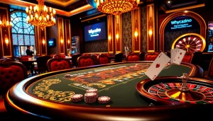 Experience the thrill of high-stakes poker at https://whycazino.com/, showcasing polished tables and vibrant casino action.