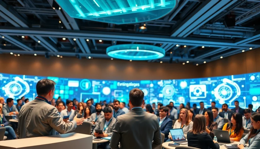 Engaged participants at the AI and emerging technology conference discuss innovative technologies.