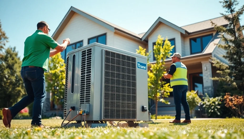 Technicians installing a Trane air conditioner Canada in a modern home's lush setting.