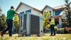 Technicians installing a Trane air conditioner Canada in a modern home's lush setting.