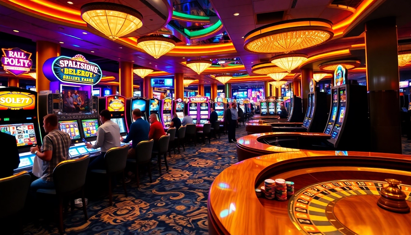 Players enjoying slot777 machines in a glamorous casino environment with vibrant lights.