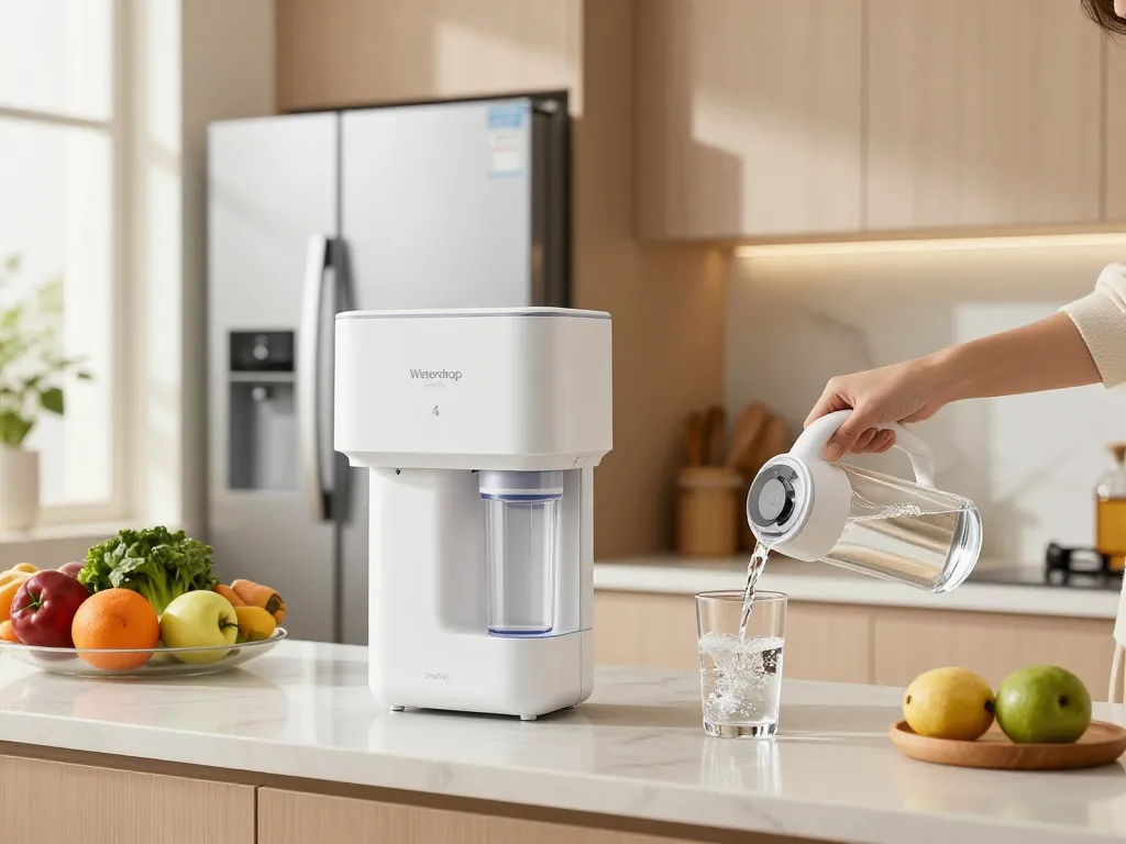 Waterdrop UKF8001 Refrigerator Water Filter 4 used in a bright kitchen, showcasing fresh filtered water being poured into a glass.