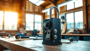 Freelock Mechanismus detailiert auf einer Werkbank präsentiert, umgeben von Werkzeugen.