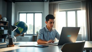 在现代家庭办公室的笔记本电脑上显示的快连 VPN 应用，象征全球连接与安全。