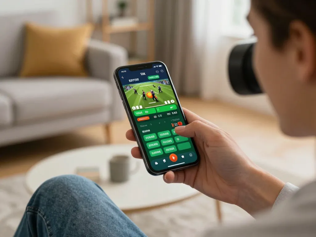 Player utilizing VN789 mobile app for live sports betting in a cozy home setup