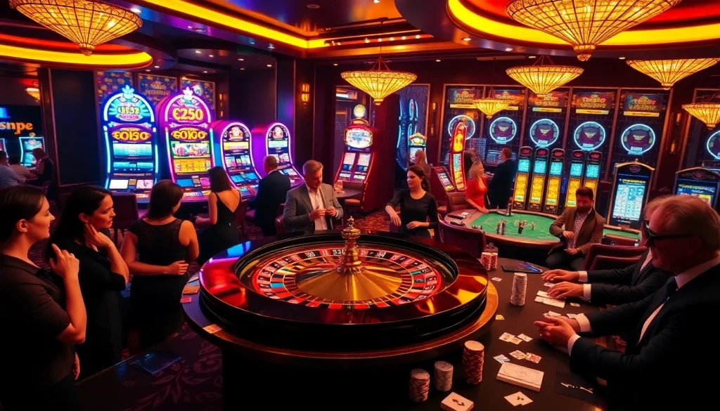 Mega casino gaming experience with roulette, slot machines, and poker tables.