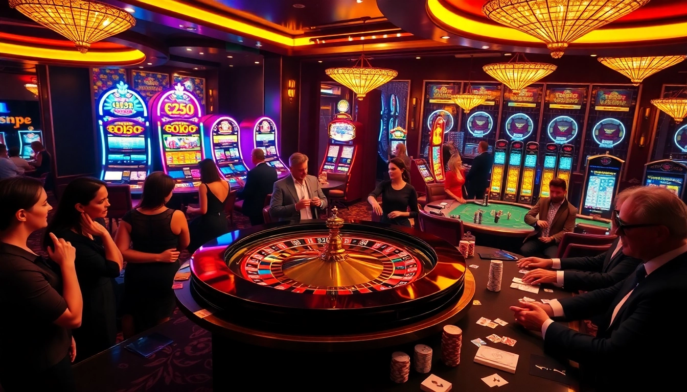 Mega casino gaming experience with roulette, slot machines, and poker tables.